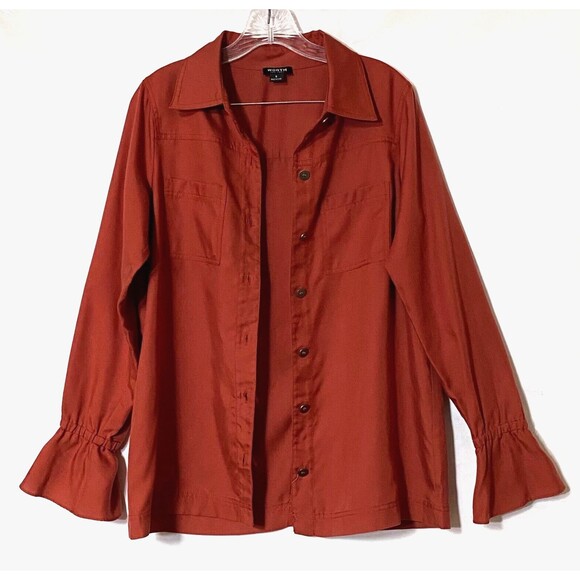 Worth New York Shirt Jacket Women S Terra Cotta Poet Sleeves Open Slit Back NWOT - Picture 14 of 14